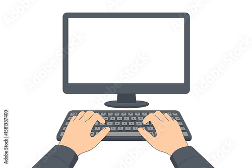 Hands Typing on Computer Keyboard with Blank Monitor Screen. Office Work, Coding, Online Education, Financial Report Planning, Remote Conference, Programming, Workspace Concept