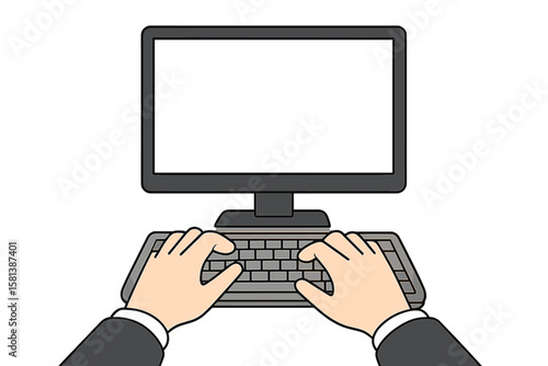 Hands Typing on Computer Keyboard with Blank Monitor Screen, Online Work, Coding, Writing Code, Financial Planning, Remote Education, Virtual Conference, Technology Workspace