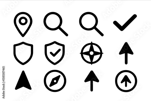 Set of 4 Map Pointers, Magnifying Glasses, Checkmarks, Shields, Compasses, and Directional Symbols Icons for UI Design, Navigation, and App Interface Vector Illustration
