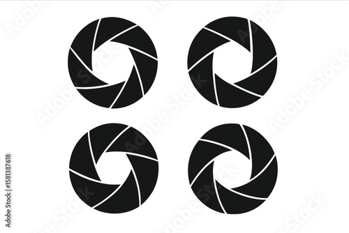 Set of 4 camera shutter icons vector illustration, aperture blades, photography equipment symbols, isolated on transparent background, photographic lens diaphragm, camera parts