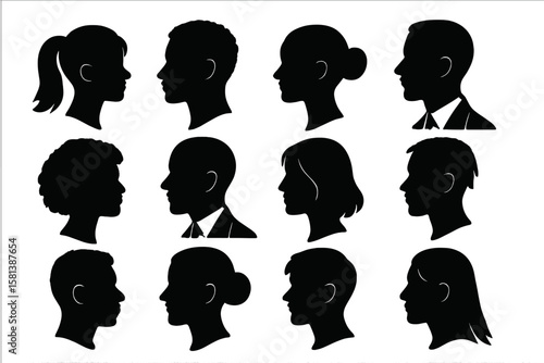 Diverse Male and Female Silhouette Profiles, Black Vector Heads in Various Hairstyles and Poses, Formal Attire, Ponytail, Bun, Afro, Short and Long Hair, Side View, Isolated Icons for Design