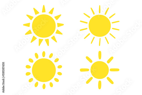 Set of 4 Yellow Sun Icons, Sun Rays and Bursts, Summer Symbols, Sunlight and Sky Silhouettes, Nature Inspired Vector Collection for Logos and Weather Icons