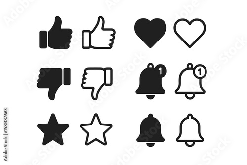 Social media interaction icon set with thumbs up, thumbs down, hearts, notification bells, and stars in multiple styles for web design, UI, digital communication, and social networking