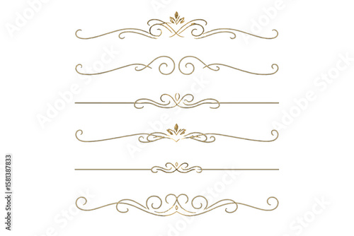 Set of golden elegant borders and dividers for design. Ornate calligraphic line collection. Vintage decorative swirl and scroll elements. Luxury filigree for wedding invitation.