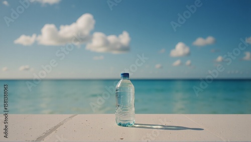 A bottle of freshwater before the vast saltwater ocean, costly drinking water - ai generated