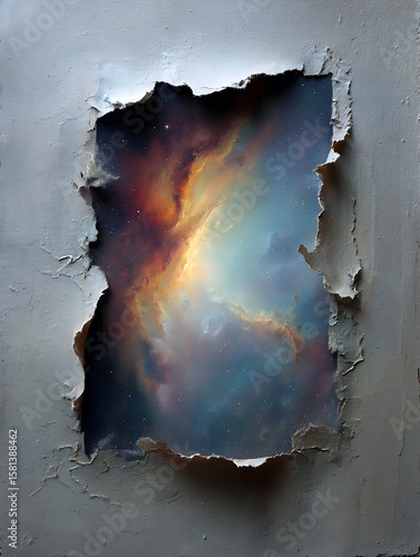 Torn Wall Opening Revealing Colorful Galaxy Space Scene in Artistic Style