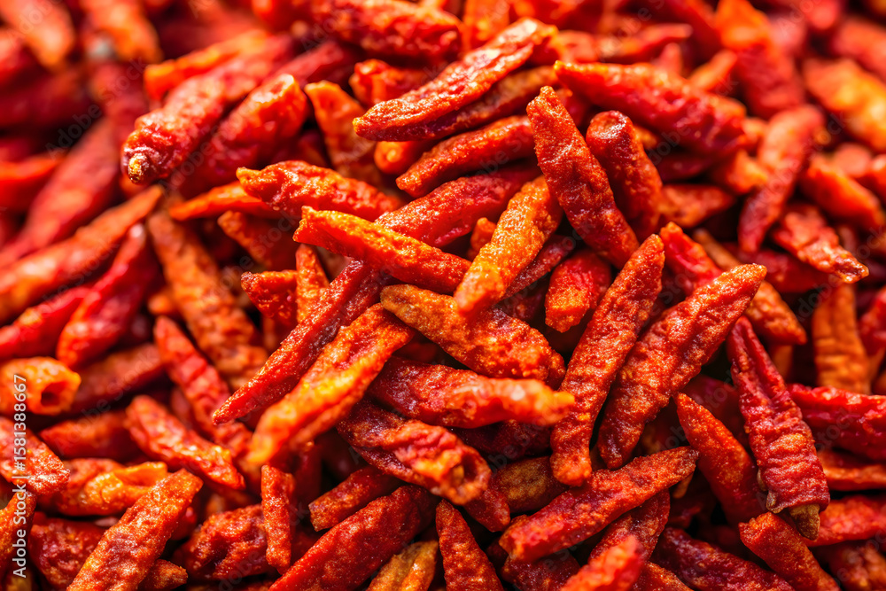 Close-up image showcasing the vibrant red texture of spicy snacks, perfect for use as a background. The intricate details highlight the appeal of this tasty treat Close-up image showcasing the vibrant red texture of spicy snacks, perfect for use as a background. The intricate details highlight the appeal of this tasty treat