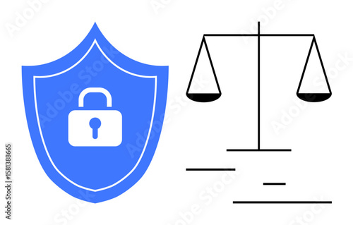 Shield with lock symbolizing protection next to justice scales representing fairness and legality. Ideal for security, privacy, legal services, ethics, justice, technology, compliance, simple landing