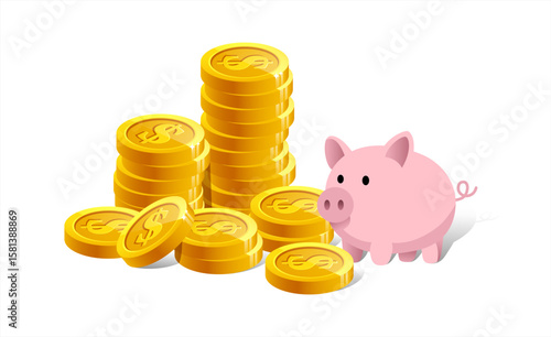 Piggy bank standing on stacked coins symbolizing savings and financial growth during budgeting activities, vector 10 eps.