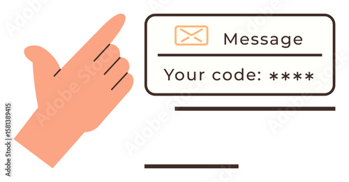 Hand pointing at code notification with envelope icon and text Your code . Ideal for security, authentication, communication, technology, messaging, fintech, and identification themes. Simple