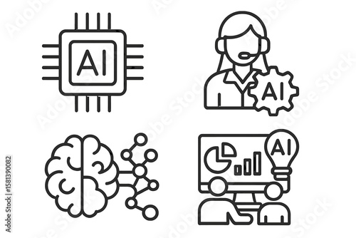 Artificial intelligence line icon set. Business technology metaphor. Machine learning, neural network, data analysis, customer support chatbot, processor chip, brain icon.