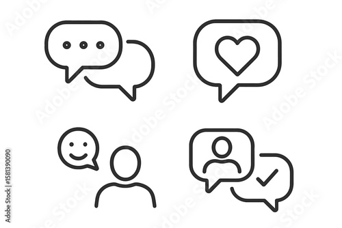 Emotional dialogue line icon set. AI conversation, empathy, therapy, and support chat pictograms. Vector illustration for feedback, user identity, understanding, and like.
