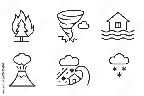 Natural disaster, weather hazard, climate change concept. Line icon set of environmental calamities. Wildfire, tornado, flood, volcano, tsunami, blizzard vector pictograms.