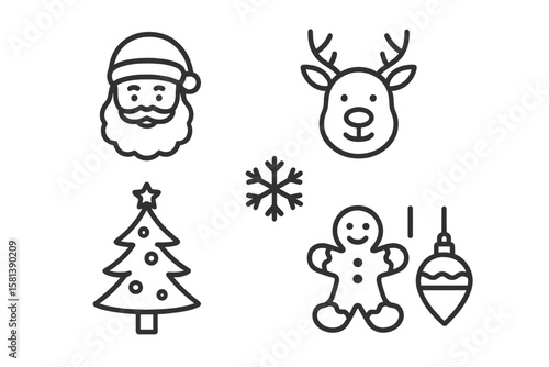 Christmas line icon set. Thin linear vector symbols. Holiday winter festive pictograms. Santa Claus, reindeer, tree, gingerbread man, snowflake, and decoration outline.