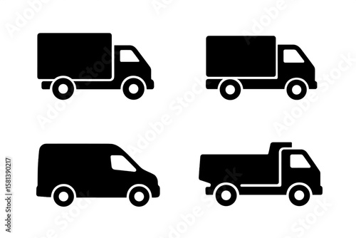 Delivery Truck Silhouette Vector Set – 4 Commercial Vehicle Icons Including Cargo Van, Pickup, Box Truck, Logistics and Shipping Transport Symbols for Delivery Services
