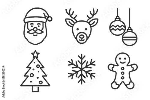 Christmas line icon set. Santa Claus, reindeer, tree, snowflake, gingerbread man, and bauble. Holiday winter linear pictogram collection. Minimal vector illustration symbols.