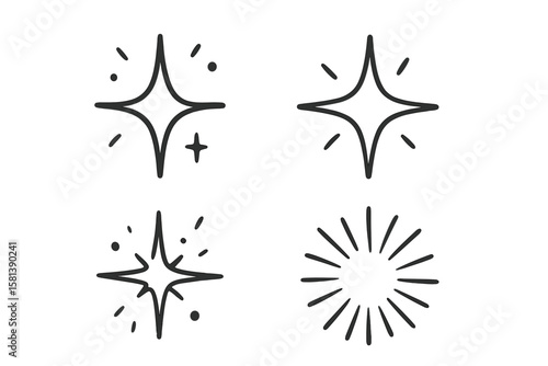 Hand drawn doodle sparkle stars icon set. Line art vector illustration of shining, glowing light, burst, and sunburst elements. Minimalist decorative symbols for design.