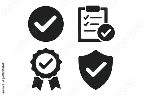 Check mark icon set. Quality control, approval, and certification symbols. Vector glyph pictograms of checklist, award ribbon, and security shield for compliance and standards.