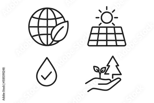 Eco friendly line icon set. Vector pictograms of sustainability, renewable energy, clean water, save earth. Agriculture, climate, forest, nature, solar energy concepts.