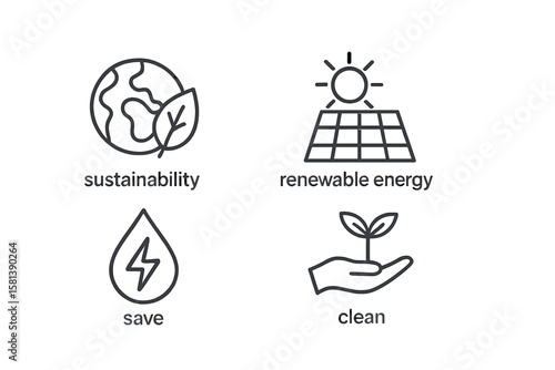 Eco friendly line icon set. Sustainability, renewable energy, solar panel, clean power concepts. Save water, earth, nature, plant, ecology vector symbols for green design.
