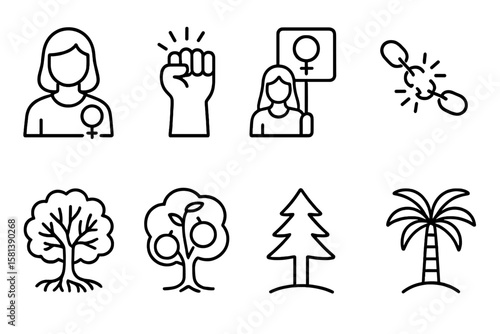 Feminist line icon set. Women rights, empowerment, gender equality, protest, raised fist, breaking chain. Vector pictogram. Activism social issue. Tree nature collection.