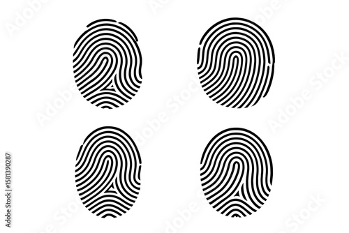 Fingerprint icons set. Biometric identification symbols. Vector thumbprint pattern. Security access, personal data control. Forensic science graphic. Crime investigation mark.