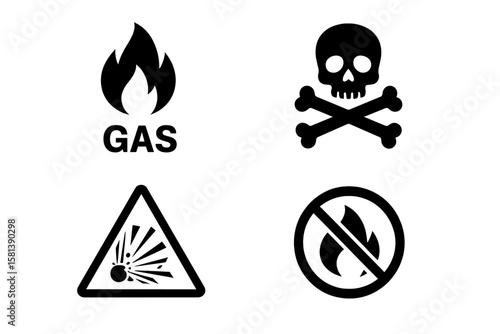 Gas safety glyph icon set of 4 vector pictograms, including flammable gas, toxic hazard, explosive warning, no flame zone, danger signs, protective mask, black icons
