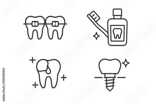 Dental Care Line Icon Set. Vector Pictograms of Braces, Tooth Implants, Dental Cavities, Toothbrush, Mouthwash, Oral Hygiene, Gum Health, Whitening, Tooth Crown and Root