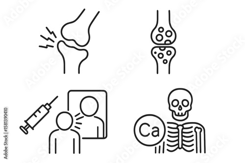 Set of 4 Medical Line Icons Vector Pictograms for Arthritis, Osteoporosis, Pain, Injury, Inflammation, Injection, Diagnosis, Prevention, Healthcare, Calcium Supplement