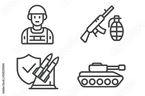 Military war line icons with soldier, weapon, defense equipment, tank, missiles, grenade, combat gear, battlefield vector pictograms thin linear style, modern military symbols