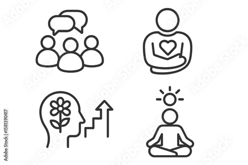 Mental health and wellness line icon set, vector pictograms of well-being, group therapy, self-care, personal growth, support group, positive thinking, meditation symbols