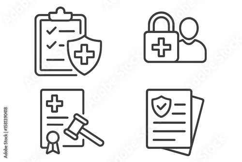Medical Law and Ethics Line Icons Set – Healthcare Compliance, Patient Privacy, Legal Documents, Insurance Policy, Medical Security, Hospital Regulation, Outline Vector Illustration