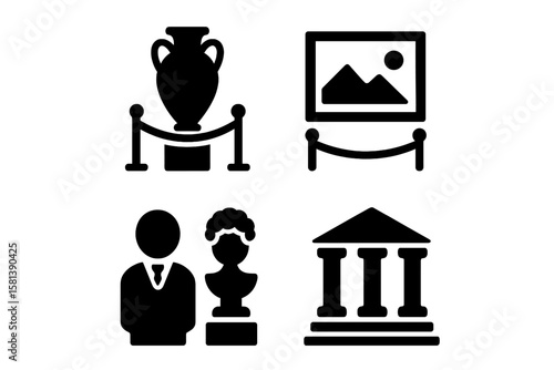 Museum History Icon Set – Black Glyph Pictograms of Artifact, Painting, Sculpture Tour, Ancient Statue, Architecture, Archaeology, Heritage Exhibition, Cultural Collection