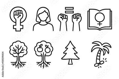 Overwhelmed Stressful Situations Line Icon Set. Vector Pictograms of Mental Strain, Emotional Pressure, Confusion, Anxiety, Digital Distraction, Multitasking, Gender Equality, Feminism