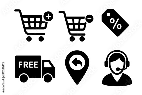 Online shopping glyph icon set with add/remove product, discount and sale tags, free shipping truck, map pin return arrow, customer support headset vector pictograms.