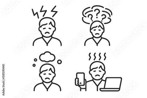 Overwhelmed and Stressful Situations Line Icon Set of 4, Vector Pictograms of Mental Strain, Confusion, Emotional Pressure, Anxiety, Digital Distraction, Multitasking