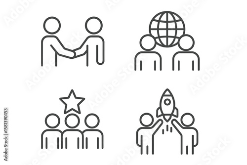 Partnership and Collaboration Line Icons Set. Vector Pictograms of Teamwork, Global Cooperation, Shared Success, Mutual Support, Project Launch, Achievement, Thin Linear Style