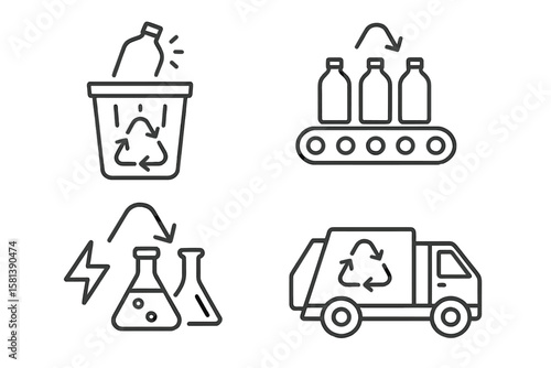 Plastic Recycling Process Line Icons Set. Vector Symbols for Waste Sorting, Conveyor Belt, Sustainability, Reuse, Energy Recovery, Chemical Recycling, Collection Bin, Truck Logistics