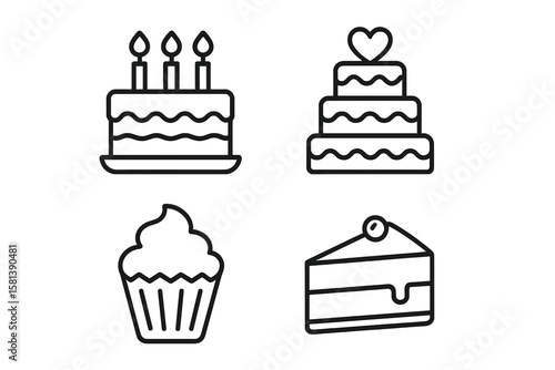 Minimalist Line Icon Set of 4 – Birthday Cake, Wedding Cake, Cupcake, and Cake Slice – Outline Vector Illustrations for Bakery, Celebration, Party, Dessert, Sweets, Pastry, Cafe, Menu, Food Design