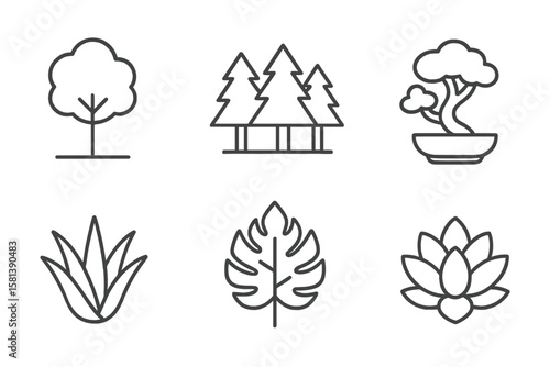 Minimalist Plant Line Icons Set. Thin Linear Vector Illustrations of Tree, Forest, Bonsai, Aloe Vera, Monstera Leaf, Succulent, Maple Leaf, Nature Botanical Pictograms for Eco Design