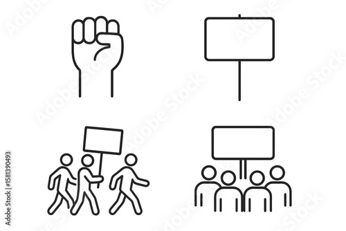 Protest Activism Line Icons Set. Raised Fist, Placard, Marching Crowd, Demonstration Symbols. Civil Rights, Freedom of Speech, Social Justice, Political Rally, Thin Linear Vector Illustration