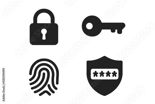 Security and Privacy Icon Set. Black Vector Glyphs of Padlock, Key, Fingerprint, Shield with Password. Cybersecurity, Data Protection, Access Control, Authentication, Secure Login Symbols