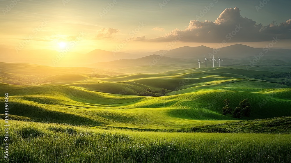 Obraz premium Sunset over Green Rolling Hills.