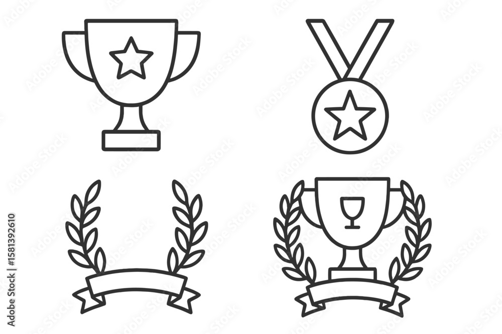 Obraz premium Award and achievement vector line icon set. Pictograms of trophies, medals, and victory symbols. First place winner prize with laurel wreath, star, and banner illustration.
