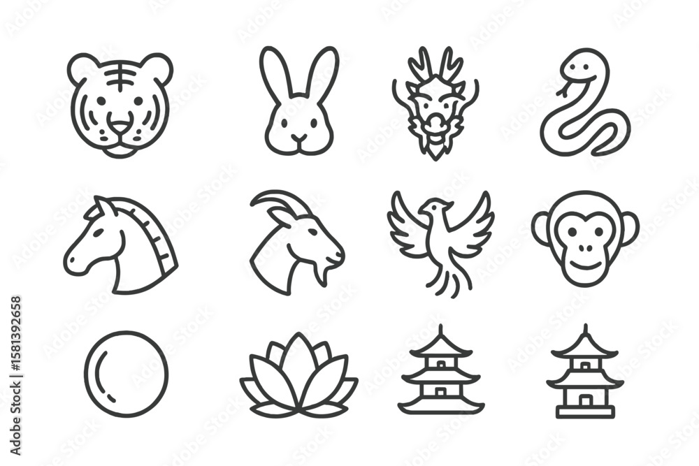 Fototapeta premium Chinese zodiac and cultural symbols line icon set. Vector pictograms of tiger, dragon, snake, horse, goat, phoenix, monkey, pearl, lotus, pagoda. Thin linear art illustration.