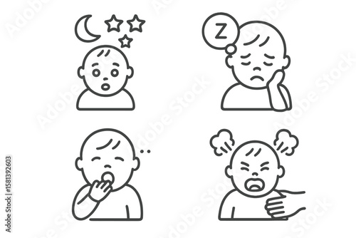 Baby sleep problems line icon set. Vector pictogram of infant awake at night, exhausted toddler, yawning, sleepless child, tantrum, meltdown. Parenting, childcare symbol.