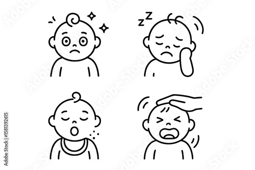 Baby sleep problems and infant care line icon set. Vector pictogram of a tired, awake, yawning, and crying toddler. Sleepless child, tantrum, and soothing concepts.