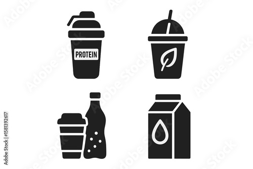 Healthy drinks glyph icon set. Vector pictogram of protein shake, detox smoothie, takeaway coffee, sparkling water, plant based milk. Black silhouette for fitness and nutrition.