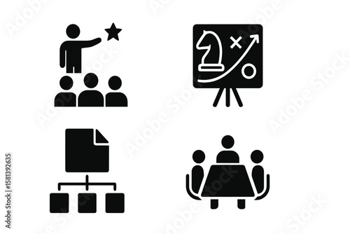 Business management glyph icon set. Vector pictograms for leadership, strategy, project plan, document structure, collaboration, meeting, teamwork. Black silhouette signs.