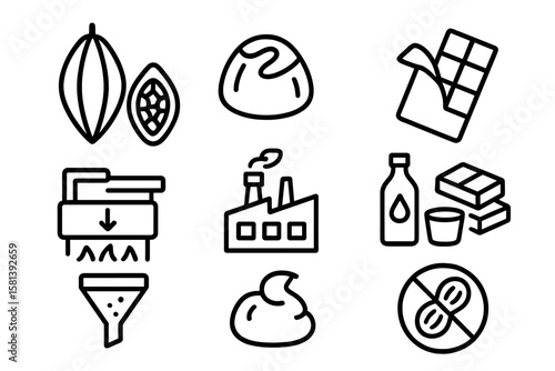 Chocolate production process line icon set. Includes cocoa bean, factory, ingredients, dessert, truffle, and allergy-free symbol. Vector graphic for confectionery industry.
